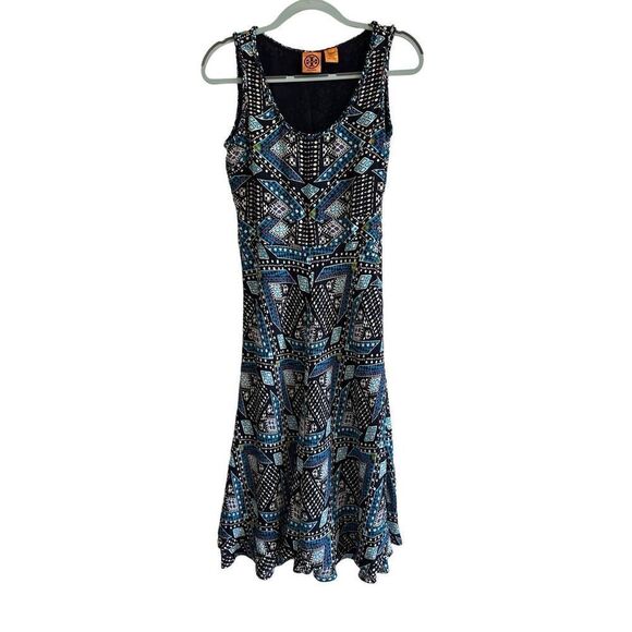 Tory Burch Camilla Dasha Silk Blue and Black Print Dress Size 4 - Picture 1 of 10